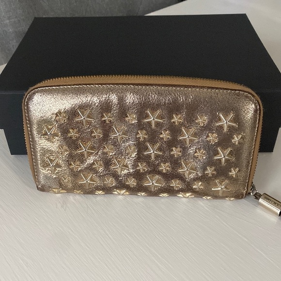 JIMMY CHOO FILIPA Gold Metallic Star Studded Spike Zip Wallet with Gift Box - Picture 4 of 17